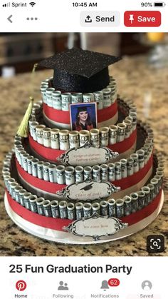 a graduation cake made out of stacks of money