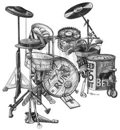 a black and white drawing of a drum set with drums, cymbals and other musical instruments