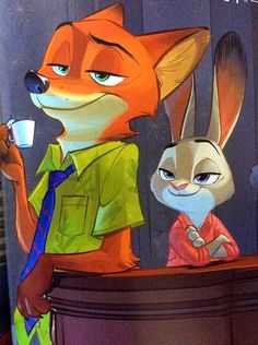 the fox and the hound are drinking coffee together in front of an image of two rabbits