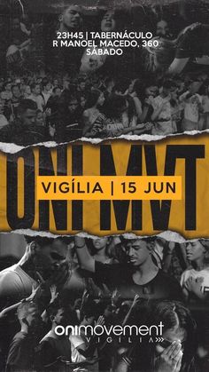 the poster for an upcoming concert is shown in black and yellow, with torn paper over it