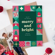 a christmas card with the words merry and bright on it