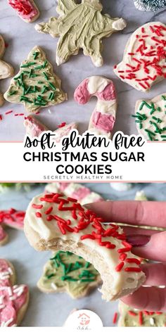 soft, gluten - free christmas sugar cookies with sprinkles and frosting