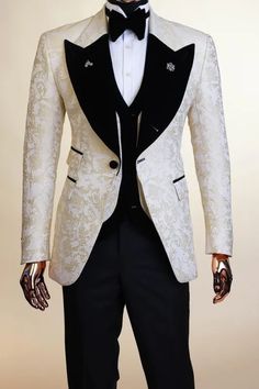 Burton Fashion Champagne Peaked Lapel Three Pieces Jacquard Prom Suits Silver Tuxedo Wedding, Prom Suits For Men Unique, Prom Outfits Men, Gold Prom Suit, Grad Suits, Champagne Button, Tux Prom, Black Tuxedo Wedding, Mens Tux