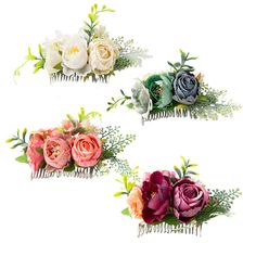 PRICES MAY VARY. 【SET OF 4 COLORS】--Flowers on the silver metal side combs display 4 main colors including ivory, pink, teal and fuchsia. Different colors can easily match your different outfits. 【HIGH QUALITY MATERIAL】--Artificial flowers are handmade of high quality fabric which makes these flowers more pretty and realistic. High quality silver metal hair side combs are very sturdy which can be wore for a long time. Smooth metal side combs don't hurt your hair. 【ONE SIZE】--You can see the size Flower Bun, Headpiece Accessories, Chignon Hair, Headpiece Hairstyles, Women Flower, Artificial Rose, Bridesmaid Accessories, Metal Hair, Artificial Roses