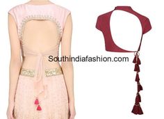 back neck blouse designs with stylish tassels and latkans Saree Jacket Designs, Fashion Sketches Men, Blouse Back Neck, Statement Blouse, Blouse Back, Fashion Indian