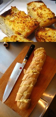 there are two pictures with bread and a knife on the cutting board next to each other