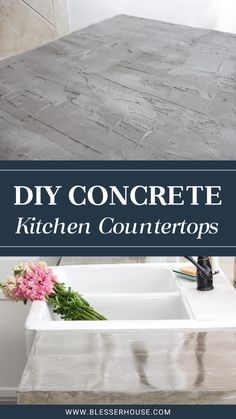 a kitchen counter top with the words diy concrete kitchen counters above it and an image of