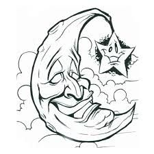 a drawing of the face of an evil clown with clouds and stars in the background