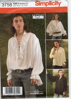 2007 Simplicity 3758 men's romantic, poet shirt. Pirate shirt Pattern size XS-XL fits: Chest/Bust 30-48" Hip 31-49" Pattern has not been used; factory folded Ruffle Shirt Pattern, Ruffle Blouse Pattern, Medieval Shirt, Poet Shirt, Shirt Sewing, Peasant Shirt, Costume Sewing Patterns, Shirt Sewing Pattern, Costumes For Teens