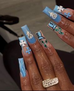 Blue Nails With Charms, Grabbers Nails, Nana Nails, Baby Blue Acrylic Nails, Poppin Nails, Pink Tip Nails, Pregnancy Massage