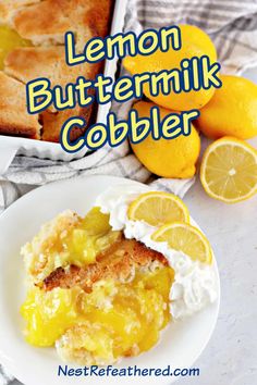 lemon buttermilk cobbler on a white plate