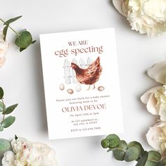 a card that says we are egg specting with two chickens and eggs on it