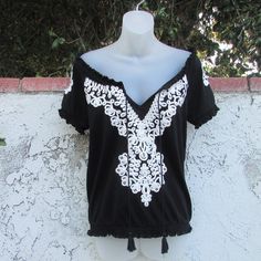 60% Pima Cotton, 40% Modal Brand New W/O Tag Please Note Small Flower Embroidery Left Lower Casual Black Top With Embroidered Hem, Black Embroidered V-neck Top, Casual Black Embroidered V-neck Top, Small Flower Embroidery, White Embroidered Blouse, Flower Embroidery, Embroidered Blouse, Inc International Concepts, Small Flowers