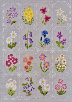 a cross stitch pattern with different flowers on the front and back of it, all in various colors