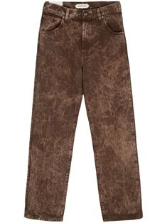 rust brown cotton snow wash straight leg belt loops front button and zip fastening classic five pockets leather tag