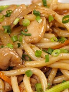 noodles with chicken and green onions on a white plate