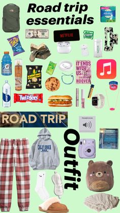 the road trip essentials are organized in this collage with items that include clothing, shoes and other things