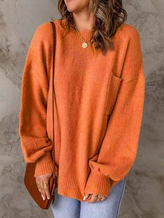 Buy Inexpensive Sweaters at Zolucky online store, SPU: 294OSW9B4900, Color: Orange Yellow Pink Black Gray Red Brown, Activity:Daily, Neckline:Crew Neck. Split Sweater, Lantern Sleeve Sweater, Orange Sweater, Pocket Sweater, Classic Sweater, Casual Sweater, Sweater Women's, Loose Sweater, Lantern Sleeve