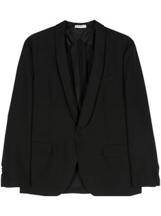 black virgin wool classic lapels long sleeves buttoned cuffs chest welt pocket two front flap pockets English rear vents multiple internal slip pockets partial lining front button fastening Black Blazer With Concealed Fastening For Business, Classic Blazer With Notch Lapel And Concealed Fastening, Classic Notch Lapel Blazer With Concealed Fastening, Classic Blazer With Concealed Front Fastening And Lapel Collar, Wool Business Blazer With Concealed Front Fastening, Business Wool Blazer With Concealed Front Fastening, Wool Blazer With Concealed Front Fastening For Business, Business Blazer With Concealed Front Fastening And Suit Collar, Classic Blazer With Concealed Front Fastening