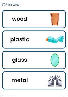 This set of colourful vocabulary cards includes 3 pages of vocabulary cards with words including wood, plastic, glass, metal, wool, leather, paper, water, rubber, fabric, and rock. Each word has a colourful image to go with it. Science 1st Grade, Grade 1 Worksheets, Summer Camp Activities, Decoration Theme, Community Helper, States Of Matter, Shape Posters, Collage Art Projects, Action Verbs