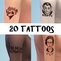 four different tattoos on the legs of people with their faces and name tattooed to them