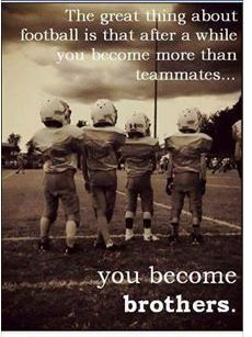 a group of football players standing on top of a field with the words you become brothers