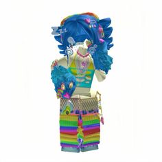 a woman with blue hair is dressed in colorful clothing