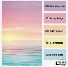 an image of the ocean with pastel colors and text that reads, 1017 - blue violet lake 1039 - rosy beige 927 - light peach 914 - cream 1044 - blue state