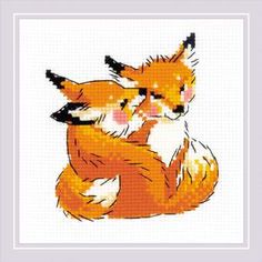 a cross stitch picture of two foxes hugging each other