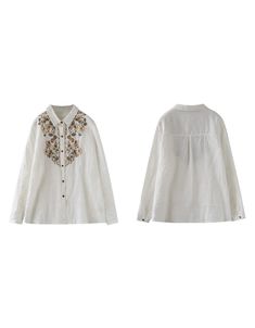 Flower Embroidery Linen Long Sleeve Shirt — Obiono Summer Long Sleeve Embroidered Linen Top, Spring Linen Shirt With Floral Embroidery, Luxury Embroidered Linen Shirt, Embroidered Linen Long Sleeve Shirt, Embroidered Linen Collared Shirt, Flower Shirt, Linen Clothes, Comfortable Outfits, Embroidery Flowers