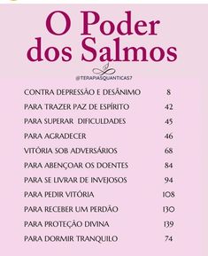 the menu for o poder dos salmos, which is written in spanish and english