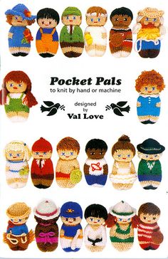 a book with many knitted dolls in different colors and sizes, including the title pocket pals to knit by hand or machine