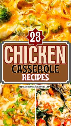 chicken casserole recipe with broccoli and cheese in the middle, on top of