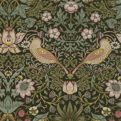 an intricately designed wallpaper with two birds and flowers in green, pink, yellow and blue colors