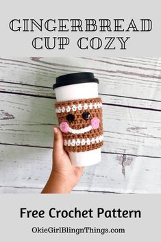 a hand holding up a coffee cup with the text, free crochet pattern