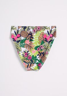 Do you ‘sea’ what we ‘sea?’ You rockin’ these white tropical printed bikini bottoms under the sun at places ranging from a seaside resort to your backyard...wherever works best for you! Featuring an exclusive, all over tropical-inspired floral print made-up of green monstera leaves and bright fuschia pink flowers that features coral and navy-blue pineapple motifs scattered throughout, this 1990s-esque swim separate is super fun to mix-and-match with. Vivid, throwback features—a high-waisted silhouette and high-cut leg—make this ModCloth namesake label swimwear bottom worthy of being the first thing you pack for your vacation.Shell: 88% Polyester, 12% Spandex. Lining: 86% Nylon, 14% Spandex. Hand wash. Fully lined. Imported Fuschia Pink, Monstera Leaves, Seaside Resort, Pineapple Print, Monstera Leaf, Tropical Print, Floral Tie, Print Making, Pink Flowers