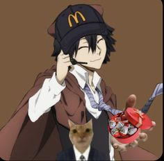 a man in a suit and tie holding a mcdonald's cup with a cat next to him