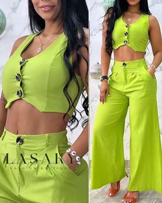 Lasaky - Asymmetrically Buttoned Top and Wide Leg Pants Set Spring Two-piece Wide Leg Bottoms, Wide Leg Two-piece Party Bottoms, Party Wide Leg Two-piece Bottoms, Trendy Green Wide Leg Pants, Party Two-piece Wide Leg Bottoms, Stretch Wide-leg Two-piece Bottoms, Trendy High Waist Two-piece Bottoms, Casual Green Sleeveless Set, Green Trousers Set For Spring