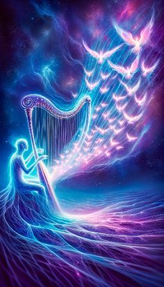 In this mesmerizing depiction, a celestial being resonates with the universe's energy through a cosmic harp. Each string's vibration represents the alignment of chakras, emitting auras and energies that transform into ethereal birds, symbolizing the soul's ascension and freedom. The interplay of vibrant colors captures the essence of human energy fields, suggesting a harmonious connection with the universal flow. Celestial Being, Human Energy, Buddhist Meditations, Cosmic Energy, Energy Field, Magic Spells, Harp, Aura