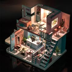 an aerial view of a model house with furniture