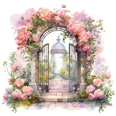 an open gate with pink flowers and greenery on the sides, watercolor painting