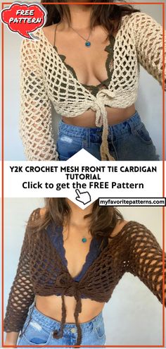 Y2k Crochet Mesh Front Tie Cardigan Tutorial Crochet Tie Front Shrug Pattern, Crochet Top Tie Front Pattern, Shrug Cardigan Crochet Pattern, Crochet Mesh Tie Top, Front Tie Crochet Top Pattern, Mesh Tops Crochet, Tie Front Crochet Cardigan Pattern