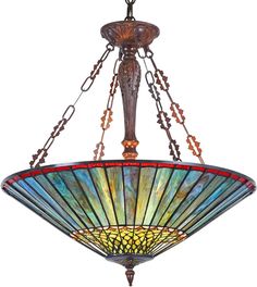 a stained glass chandelier hanging from the ceiling