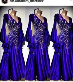 three pictures of a purple dress with gold sequins on the front and back