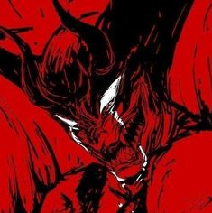 a red and black drawing of a demon