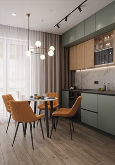 a modern kitchen and dining room with wood flooring