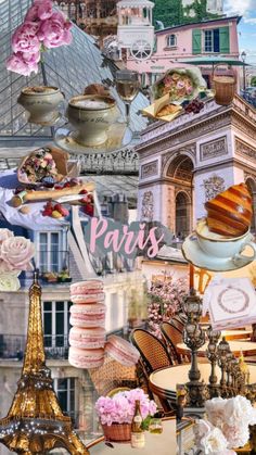 the collage shows many different types of food and buildings in paris, france with pink flowers