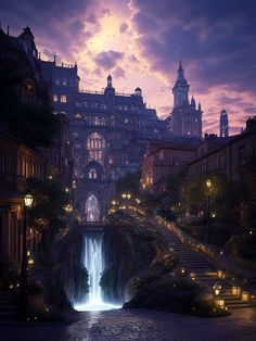 an image of a waterfall in the middle of a city at night with lights on