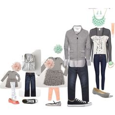 an assortment of clothing and shoes on display in front of a white background with text overlay