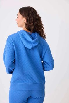 This item is Final Sale. Experience comfort with a touch of fun in our cobalt blue cotton-blend hoodie. Featuring a soft quilted pattern, it offers texture without bulk. Complete with youthful and playful embroideries, a kangaroo pocket, perfect for lounging or on the go Peach Hoodie, Stitching Details, Sleepwear & Loungewear, Pj Sets, Anniversary Sale, Women Pullover, Cobalt, Labour Day, Pullover Hoodie